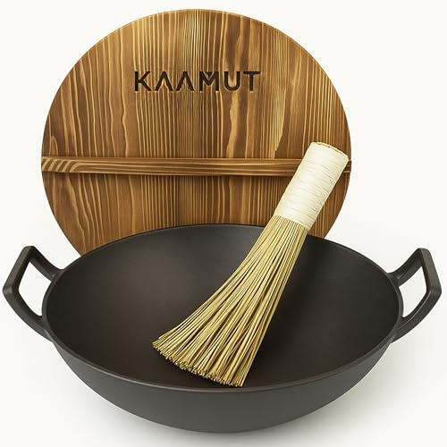 Wok Wadjan Professionnel Ø36 en Fonte – Avec Couvercle en Bois & Brosse à Wok en Bambou – Compatible avec Toutes les Sources de Chaleur – KAAMUT®