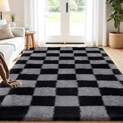 Enyhom Hochflor Teppich Wohnzimmer Flauschig Waschbar Anti Rutsch Teppich Weich Moderner Kariert Teppiche für Schlafzimmer Kinderzimmer - 120x180 cm, Schwarz & Grau