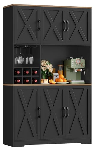 HOCSOK Küchenschrank 106x180 cm (BxH), Buffetschrank Schwarz, Sideboard mit 6 Türen, Abnehmbarem Flaschenhalter und Abnehmbarem Glashalter, Vorratsschrank für Küche, Wohnzimmer, Esszimmer