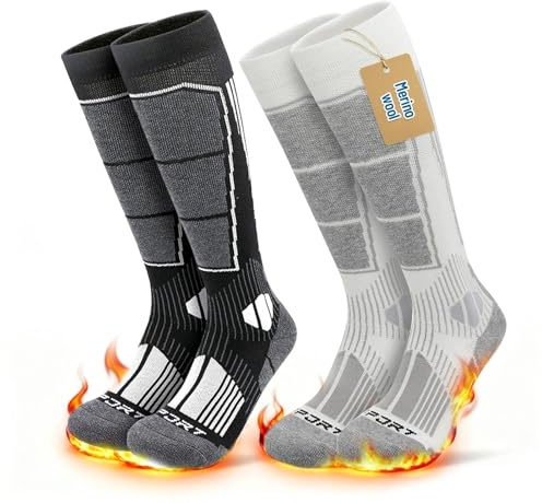 Freyeeti Chaussettes de Ski en Laine Mérinos, 2 Paires Chaussettes de Sport Montantes Chaudes, Conception ergonomique, pour l'Hiver pour le Ski, la Randonnée et le Snowboard