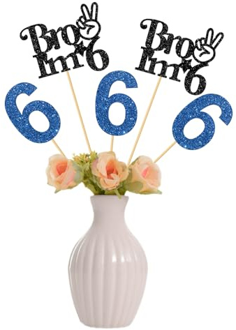 Bro I'm 6 Centerpiece Sticks - Boy Six Years Old Bithday Party Table Toppers Decorations - Happy 6th Birthday Party Photo Booth Props Decor Supplies - Glitter 12 Pack