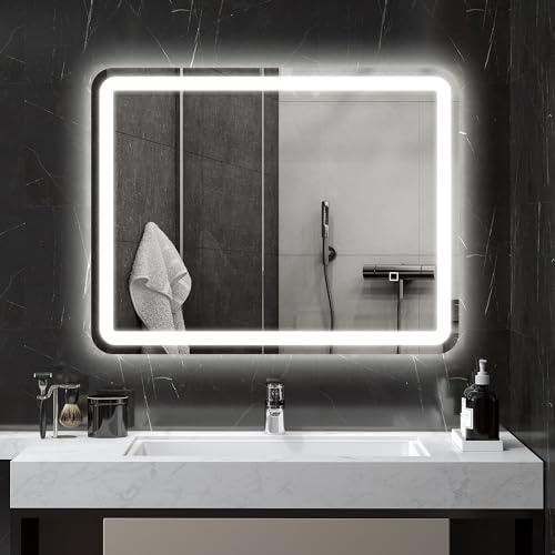 HOMCOM Specchio Bagno con Luce LED 70x90 cm, Specchio da Parete con 3 Colori Dimmerabile, Funzione Memoria, Antiappannamento, Interruttori Touch, in Vetro Temperato, IP44, Orizzontale/Verticale