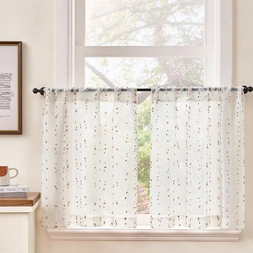 TOPICK Skivgardiner uppsättning av 2 bistrogardiner med prickar linne lantlig stil boho kort gardin halvtransparent, H 60 x B 65 (cm) linneutseende gardiner med dragsko köksgardin vardagsrum beige