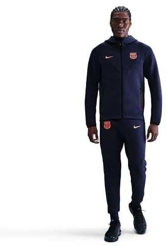 FC Barcelona Tech Windrunner Nike Total 90 Football Fleece Hoodie for Men, Midnight Navy/Bright Mango, HQ1829-411, S
