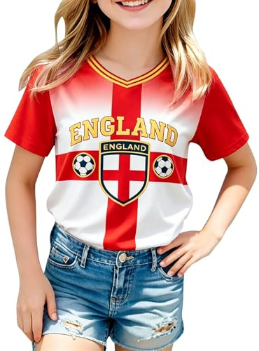 2026 Kids Girls Football England 2026 T-Shirt Casual Classic Jersey England Flag Design Perfect Short Sleeve Crew Neck Sport Tops for Football Fans Comfortable Fit