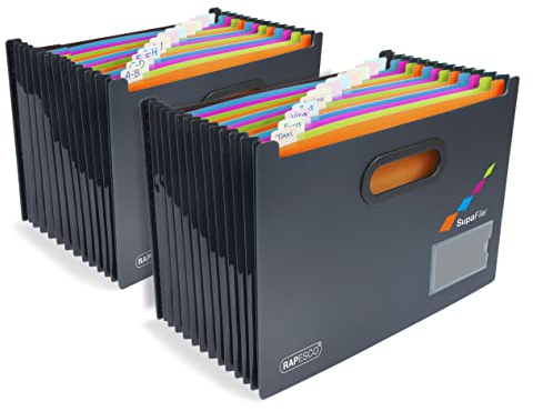 Rapesco 1729 SupaFile Doppelpack Dokumentenmappe mit 13 Erweiterbaren Fächern, A4, Schwarz mit Mehrfarbigen Trennblätter