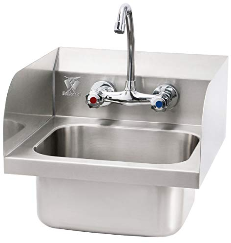 Beeketal 'HWB-II' Industrie Handwaschbecken aus Edelstahl mit Spritzschutz Aufkantung, Waschbecken zur Wandmontage mit Wasserhahn Mischbatterie, Siphon und Abwasserschlauch, inkl. Wandhalterungen