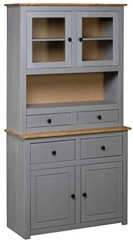 vidaXL Panama-Kiefer Massiv Highboard mit 4 Schubladen 4 Türen Rustikal Kommode Anrichte Schrank Vitrine Standschrank Grau 93x40,5x180cm