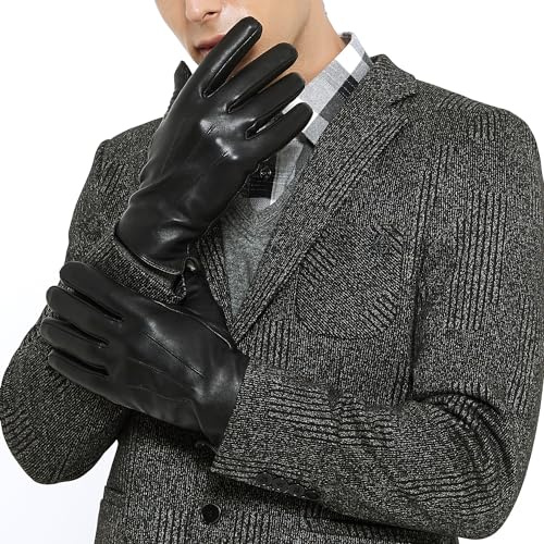 ZLUXURQ Luxury Mens Leather Gloves Cashmere Lined-Soft Comfortable Lambskin