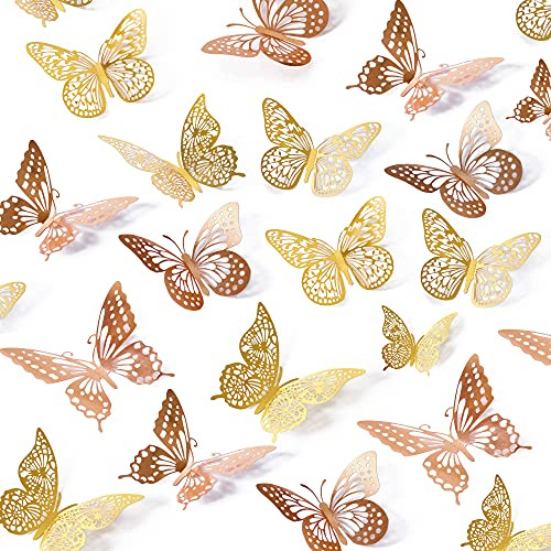 SAOROPEB 3D Butterfly Wall Decor, 48 Pcs 4 Styles 2 Color 3 Sizes, Removable Metallic Wall Sticker Room Mural Decals for Kids Bedroom Nursery Classroom Party Decoration (2 Color)
