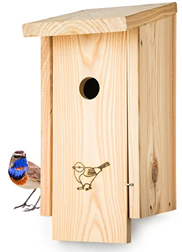 Woid Herz Premium Nistkasten Natur (N32) für Spatzen, Kohlmeisen und Co. - aus extrem witterungsbeständigen 18mm starken bayrischem Lerchenholz - Vogelhaus mit 32mm Einflugloch