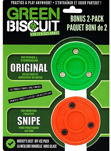 Green Biscuit Hockey Puck 2-Pack, Original, Off Ice Hockey Puck/Snipe, Shooting Street Hockey Puck Better Stick Handling, Passing and Shooting