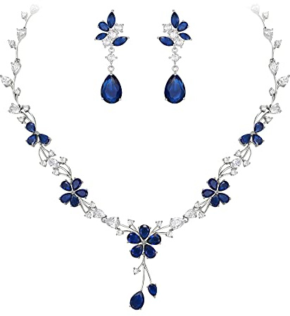 EVER FAITH Parures Bijoux de Mariée Zircone Cubique Fleur Collier Boucles d'oreilles de Mariage pour Femme Bleu Ton d'argent