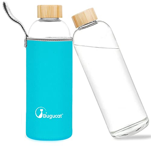 Bugucat Botella de Agua Cristal 1000ML, Botella para Beber Reutilizable Botella de Agua de Vidrio de Borosilicato,Garrafa con Funda Protectora Botella Deportiva para Gimnasio Viajes Deportes, Sin BPA
