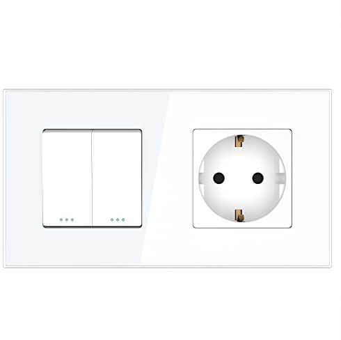 PULSAR Steckdose mit Wechselschalter 2-Fach Glas Weiß - Serienschalter Lichtschalter Doppelt Unterputz mit Schutzkontakt-Steckdose 16A 250V