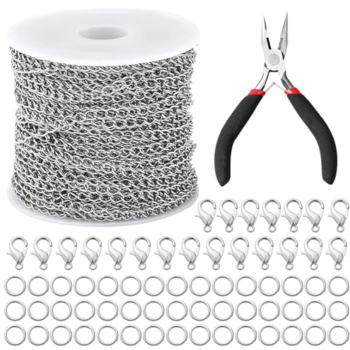 Sporgo Catena a maglie in acciaio inox 15 m: 3 mm in acciaio inox con 20 chiusure a moschettone e 100 anelli di piegatura, per fai da te
