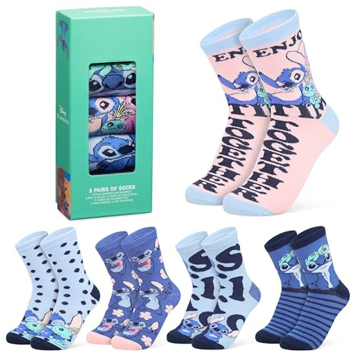 Disney Stitch Chaussettes Femme EU 35-41, Lot de 5 Paires, Douce et Extensible Chaussettes Chaudes, Cadeau Femme et Ado (35/41 EU, Bleu/Pêche Stitch)
