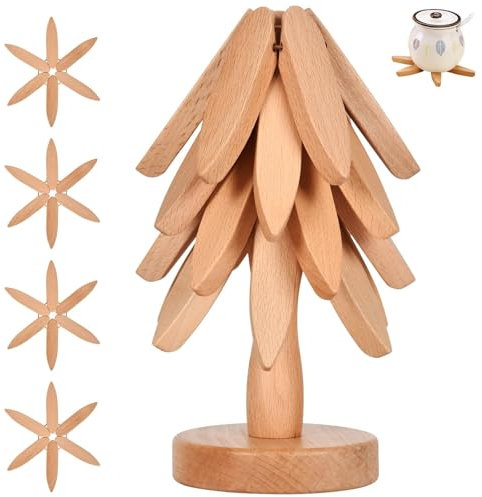 Lambluefly Dessous de Plat Bois, Ensemble de Dessous de Plats avec 4 sous Plat + 1 Support, Dessous de Plat Original Pliable, sous Plat de Table pour Poêles, Casseroles, Couverts et Tasses (20cm)