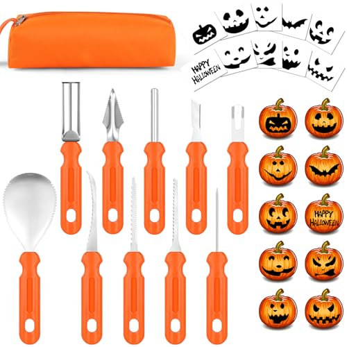 OSDUE Set Per Intagliare La zucca Halloween,10PZ Inossidabile Utensile Da Taglio Professionale Per Zucca Fai-Da-Te in Acciaio Decorazioni per Halloween Con Borsa Per il Trasporto Modello