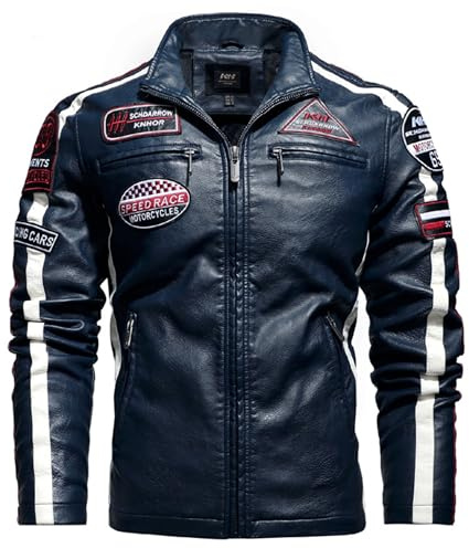 PIIBON | Chaqueta para Hombre de Piel sintética. Cazadora de Cuero sintético estilo Motero. Moda Casual de Cuero Vegano. Biker - Motociclista. (FR/ES, Letras, S, Regular, Regular, Azul - Navy)