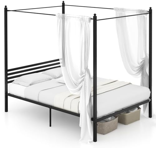 GIANTEX Estructura de Cama con Dosel (sin Colchón), 140 x 200 cm, Marco de Cama Doble, Plataforma de Barra Silenciosa, Carga hasta 300 kg, Somier con Techo de Metal, Color Negro