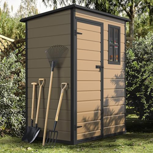 DWVO 5x3ft Resin Outdoor Storage Shed with Floor, Waterproof Lockable Storage Shed with Window, Plastic Outside Tool Storage for Garden, Backyard, Patio, Lawn, Brown