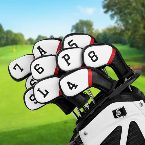 Golf Iron Club Head Covers Zippered 10pcs 4-9,P,A,S,L Right Hand White&Black&Red PU Leather