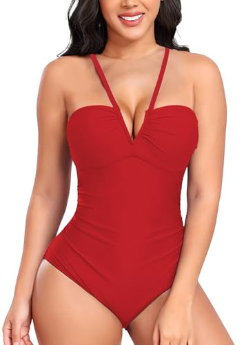 NLAND Dambaddräkt V-ringad one piece baddräkt monokini rygglös elegant magkontroll ett stycke badmode baddräkt, Röda, XL
