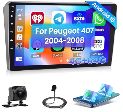Hikity [4 + 64 GB] Android bilradio 15 för Peugeot 407 2004-2008 Radio CarPlay Android automatisk trådlös skärm 9 tum bilradio bluetooth spegel länk fartyg GPS EQ DSP WiFi FM RDS