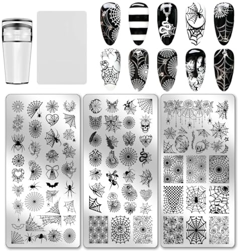 PH PandaHall 3pcs Spider Web Nail Stamping Plates Halloween Nail Art Plates Gothic Skull Nails Image Plates Spooky Cobwebs Patterns Manicure Art Templates for DIY Print Manicures Salon Design