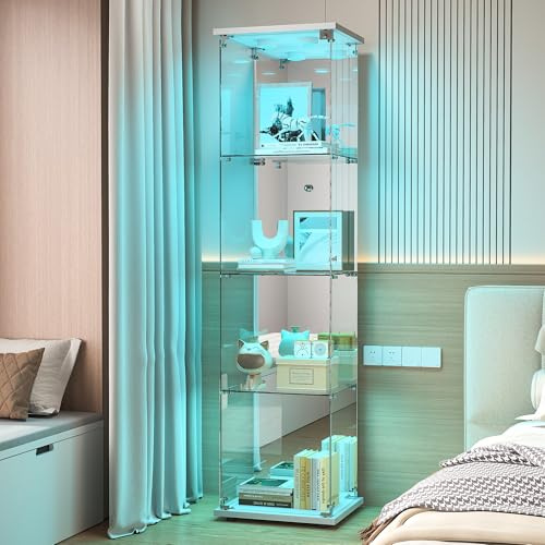 TIMORWTF Vetrina in vetro con LED, armadio vetrina da collezione, 1 ante a serratura, 4 ripiani e fondo specchio, 164 x 42 x 36 cm, bianco