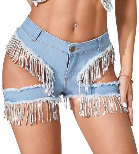 Sexy Low Rise Denim Bikini Shorts for Women Stretch Micro Shorts Ripped Hot Pants with Fringe and Sequins M