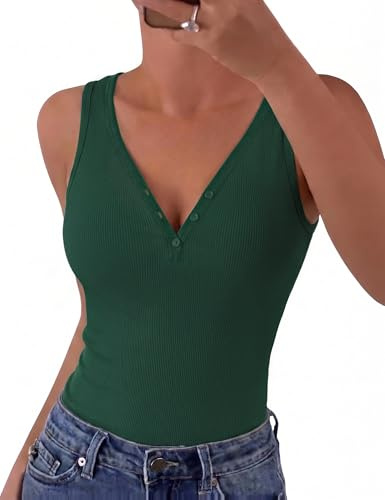 Gyabnw Top de Canalé Mujer Sin Mangas Cuello V con Botones | Punto suave y elástico, corte slim fit, diseño básico elegante, para verano oficina y ocio