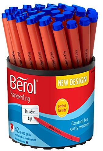 Berol Handwriting Pens | Round Shape | Washable Blue Ink | Bright Barrels | Tub of 42