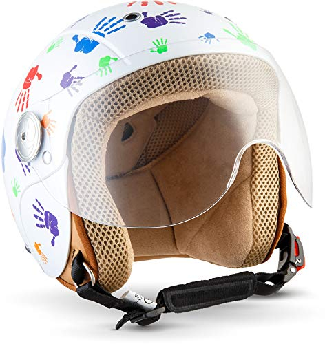 SOXON® SK-55 „Color Hands“ · Kinder Jet-Helm · Motorrad-Helm Kinder-Helm Roller-Helm Kids Scooter-Helm Vespa Bobber Mofa-Helm Retro · ECE 22.05 Visier Schnellverschluss SlimShell Tasche XXS (49-50cm)
