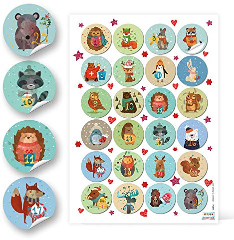 Logbuch-Verlag 1 till 24 adventskalender siffror klistermärken 4 cm rund för pyssel – färgglada djur vinterliga – för barn – skapa julkalender själv