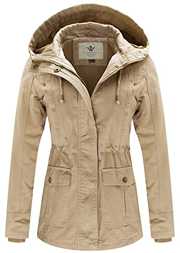 WenVen Women's Fall Canvas Military Anorak Cargo Jacket with Hood (Khaki, L)