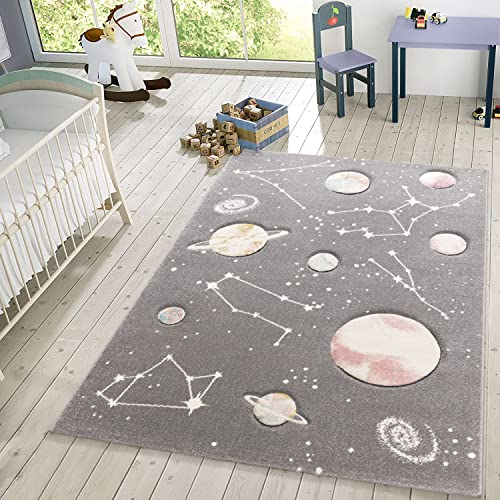 TT Home Alfombra Infantil Juego Planetas Y Estrellas para Dormitorio Infantil En Gris, Tamaño:80x150 cm