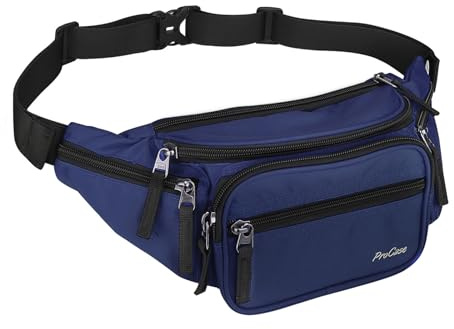 ProCase Marsupio con 6 Tasche per Donna e Uomo, Marsupio da Lavoro Sportivo Viaggio Trekking, Fanny Pack Bag in Nylon con Cinturino Regolabile e Fibbia a Sgancio Rapido -Blu Marino M