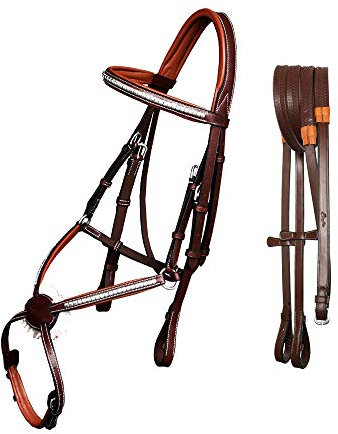 Exion Premium English Leather Figure 8 Briglia con copertoncino argento naso e fascia per la fronte, morbida imbottitura anatomica, redini in gomma, vestibilità regolabile, salti, cacciatori, eventi