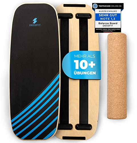 Dessfit Balance Board Holz Rutschfest mit Kork Rolle | Balance Board Erwachsene & Kinder | Gleichgewichtstrainer | Pilates board | Wackelbrett Physiotherapie Zubehör | Balance Training Equipment