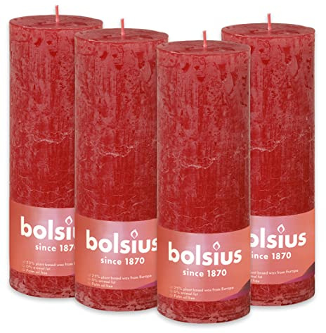Bolsius - Bougie Pilier Rustique - Rouge - Paquet de 4-19 x 7 cm - Temps de Brûlage Long de 85 Heures - Sans Parfum - Cire Végétale Naturelle - Sans Huile de Palme