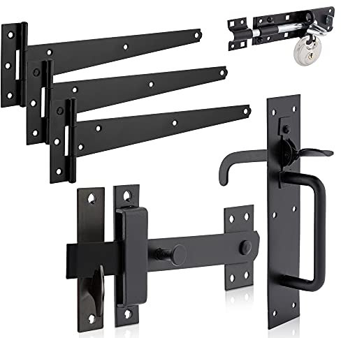 XFORT Suffolk Gate Latch Pack Black Complete with Three T Hinges (300mm), One Brenton Bolt (6 inch) and One Discus Padlock (60mm), Gate Kit for Hanging Garden Door, Gate Fitting Kit