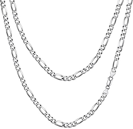 FindChic Collar Cadena Plata de Ley 925 de 3mm Ancho, Collares Hombres Mujeres Cadena Fígaro 46cm Largo, Collar Cadena Fígaro Básica de Moda con Caja de Regalo para Cumpleaños Año Nuevo