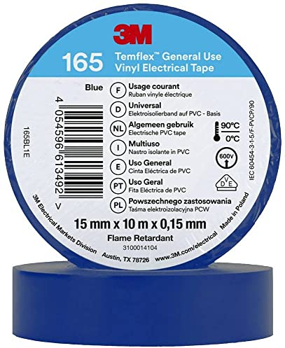 3M Temflex™ 165 165BL1E Electrical Tape Temflex™ 165 Blue (L x W) 10 m x 15 mm