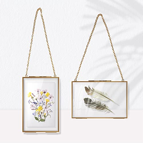efuturetime® 2PCS Glasrahmen Wandbehang, 10 * 15cm, Bilderrahmen Doppelglas Rechteck, Bilderrahmen Durchsichtig Beidseitig für Gepresste Blumen, Foto, Bild, Karte, Urkunde, Gold