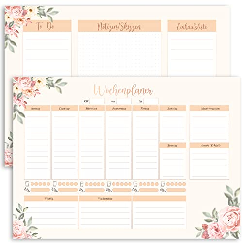 Wochenplaner To Do Notizen Skizzen Einkaufslisten Block A4 50 Blatt Beidseitig bedruckt mit Rosen Motiv festes Papier 120 g/m² Wochenkalender ohne festes Datum Wochen Planer von E&G Klasse, Pfirsich