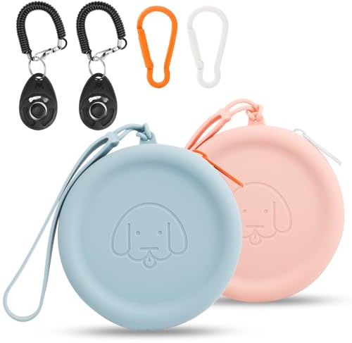 Pochette en silicone pour friandises pour chien,lot de 2 sacs de marche pour chien et chat,format de poche,facile à nettoyer,sans odeur,fermeture éclair,sac de dressage(Bleu ciel & Rose clair)