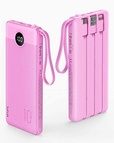 VRURC Power Bank with Built in Cables,10000mAh USB C Portable Charger with 5 Outputs & 2 Inputs and LED Display, External Battery Bank for iPhone/iPad/Samsung Galaxy Tablets and More