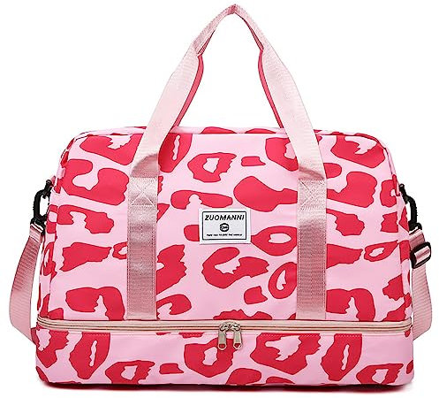 Vllcsla Sporttasche Damen Reisetasche 42.43L, Trainingstasche Damen für Kurze Reisen mit Schuhfach Nassfach, Wochenendtasche Groß Weekender Zebra-Aufdruck Leopard, Wasserdicht, Rosa, C